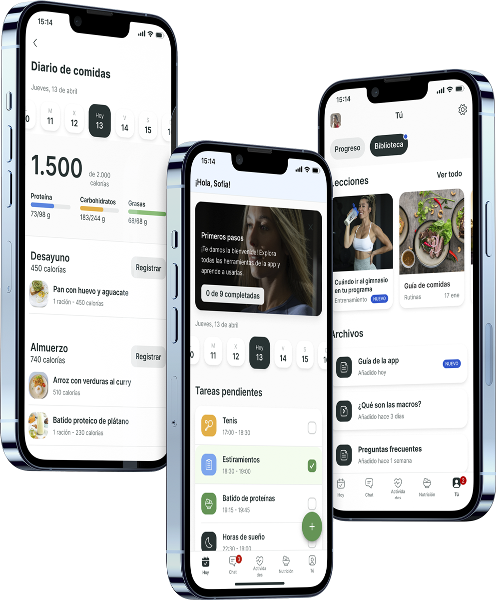 Un mockup de la app de coaching mostrando las funciones.
